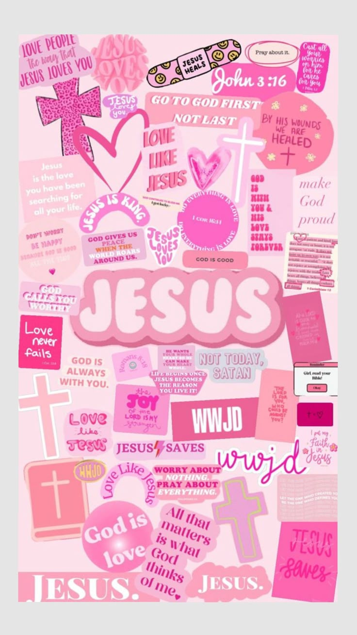 the word jesus is surrounded by pink and purple stickers on a white background with hearts