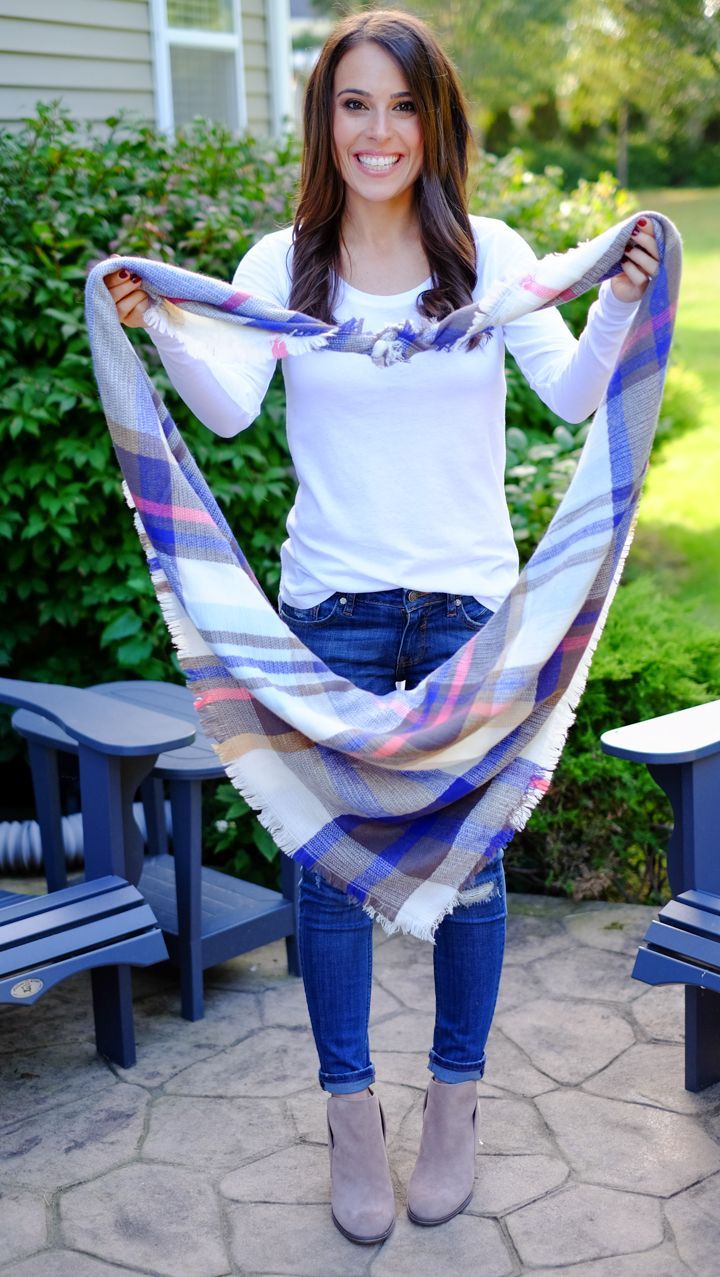 How to Tie a Blanket Scarf | MrsCasual How To Tie Blanket Scarf, Tying A Square Scarf, Blanket Scarf Styles, How To Tie A Pashmina Scarf, How To Tie A Square Scarf, How To Wear A Square Blanket Scarf, Styling An Infinity Scarf, How To Wear A Square Scarf, Wearing A Blanket Scarf