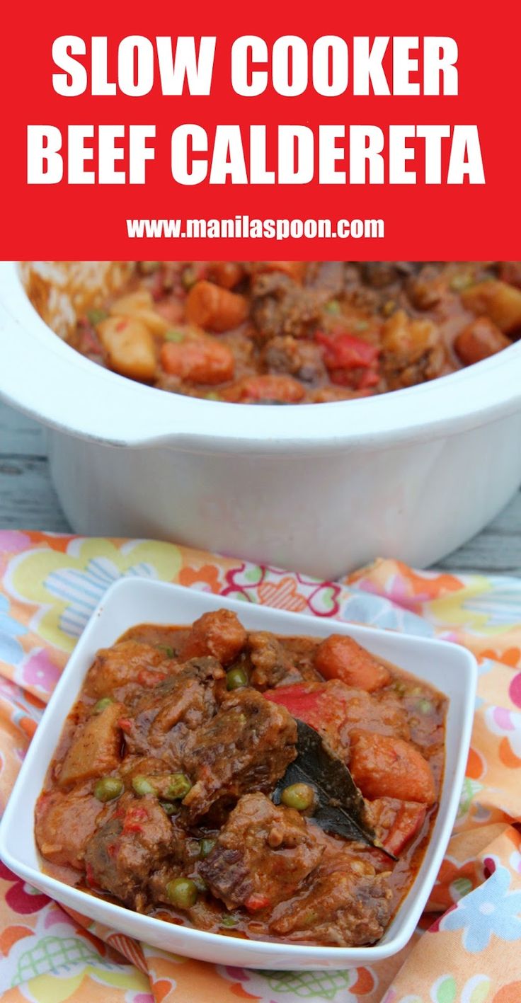 slow cooker beef caldereta in a white bowl on a colorful table cloth