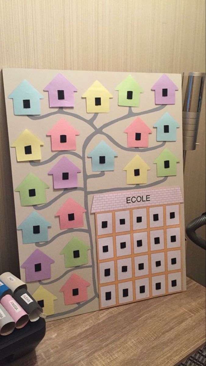 a bulletin board with houses on it sitting next to a keyboard and computer mouse pad