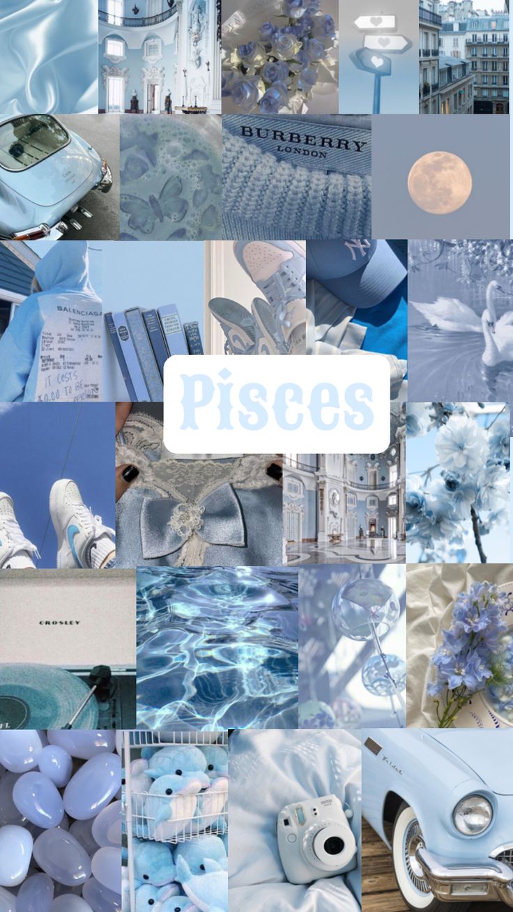 a collage of blue and white images with the words pisces