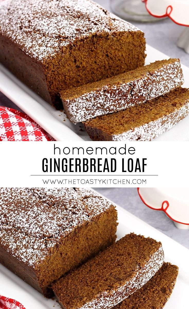 two slices of homemade gingerbread loaf on a white plate with red and white checkered tablecloth