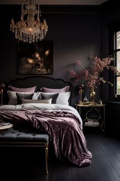 a bedroom with black walls and wooden flooring has a chandelier hanging above the bed