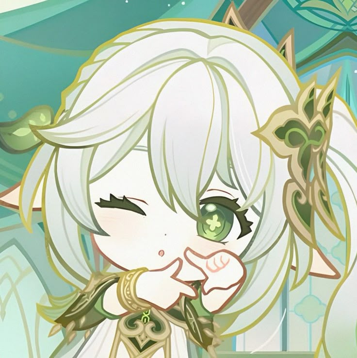 an anime character with white hair and green eyes