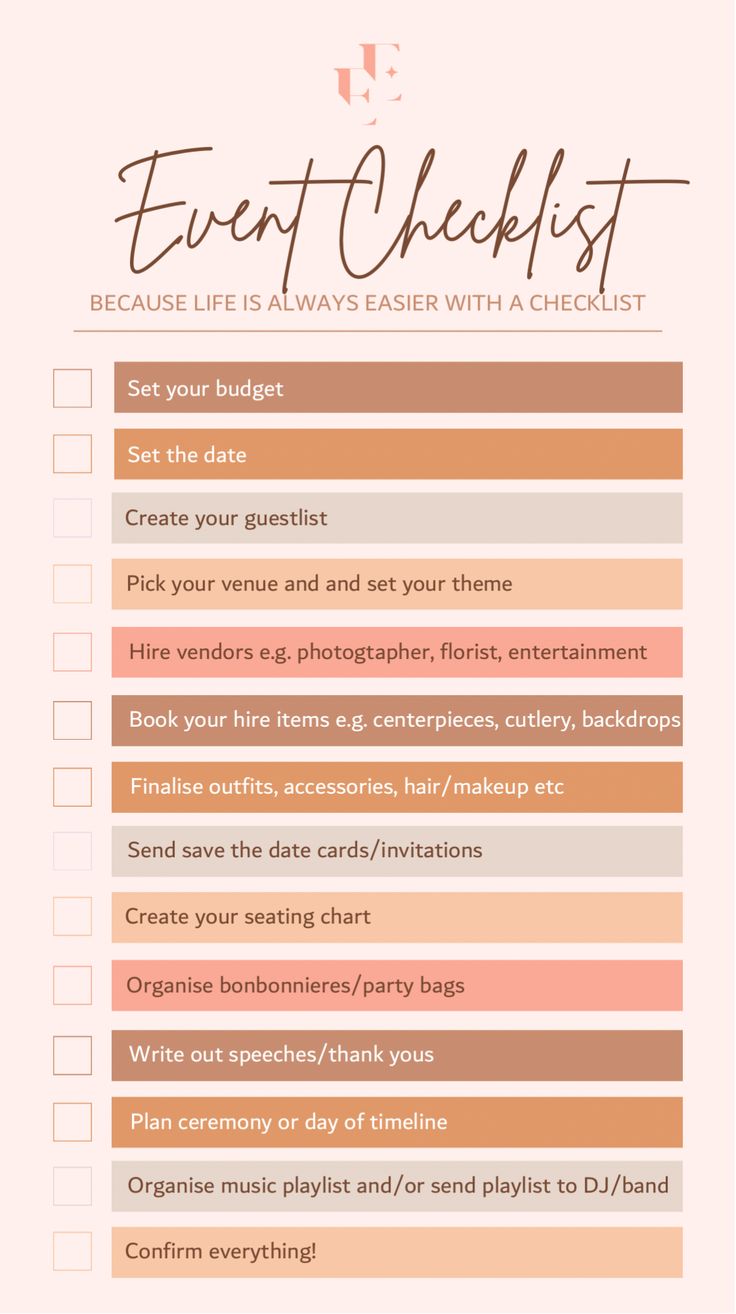 the event checklist is shown in pink and orange