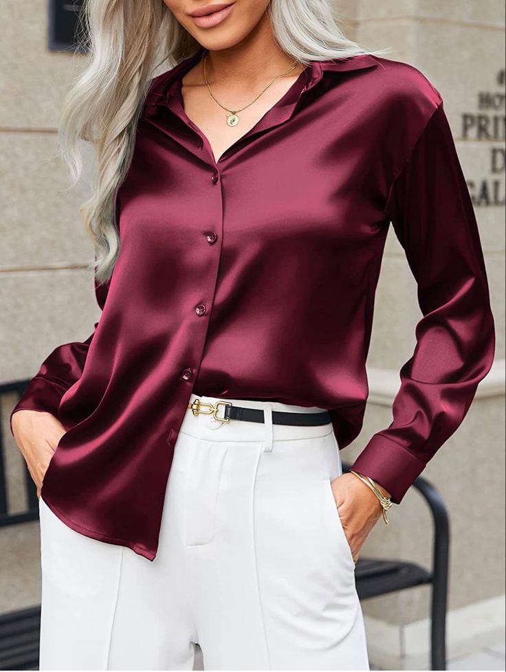 Silk Shirts For Women Classy, Satin Shirt Outfit Jeans, Silky Shirt Outfit, Satin Tops Blouses Classy, Silk Shirts Women, Satin Shirts For Women, Satin Shirt Outfit, English Gown, Corporate Wears