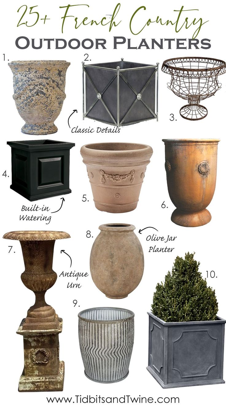 different types of outdoor planters with text overlay that says 25 fresh country outdoor planters