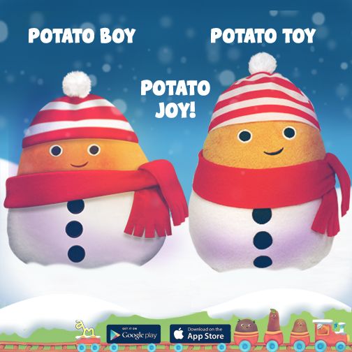 two snowmen wearing hats and scarves in front of a snowy background with the words potato boy, potato joy