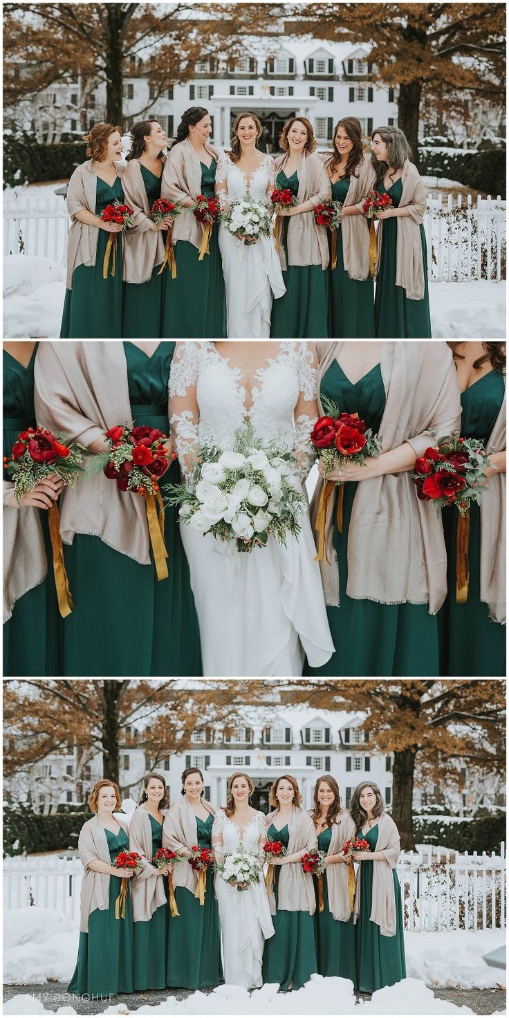 the bridesmaids are dressed in green dresses and holding bouquets with red flowers