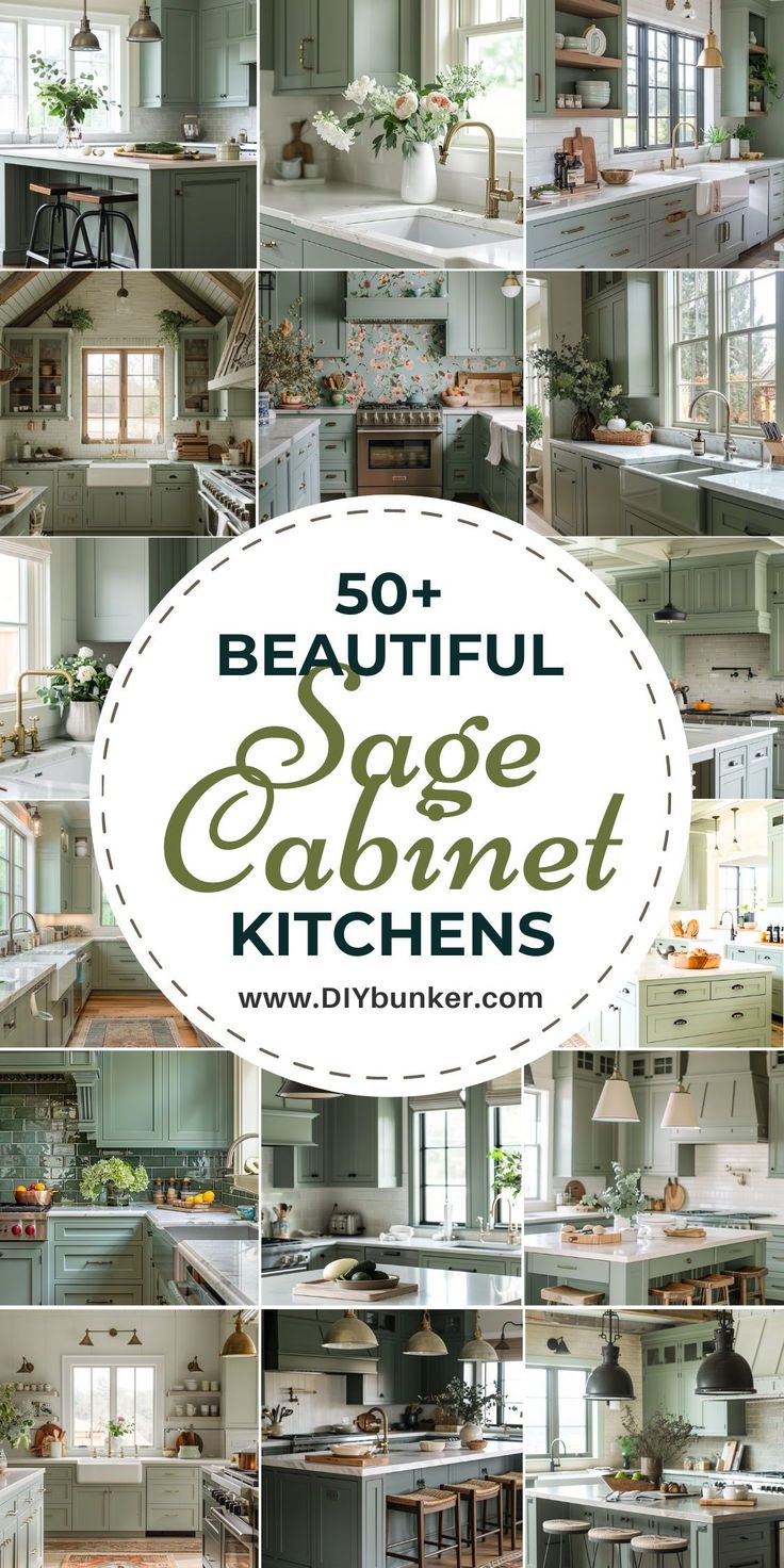 the words so beautiful sage cabinet kitchens are overlaid by photos of kitchen cabinets and counter tops