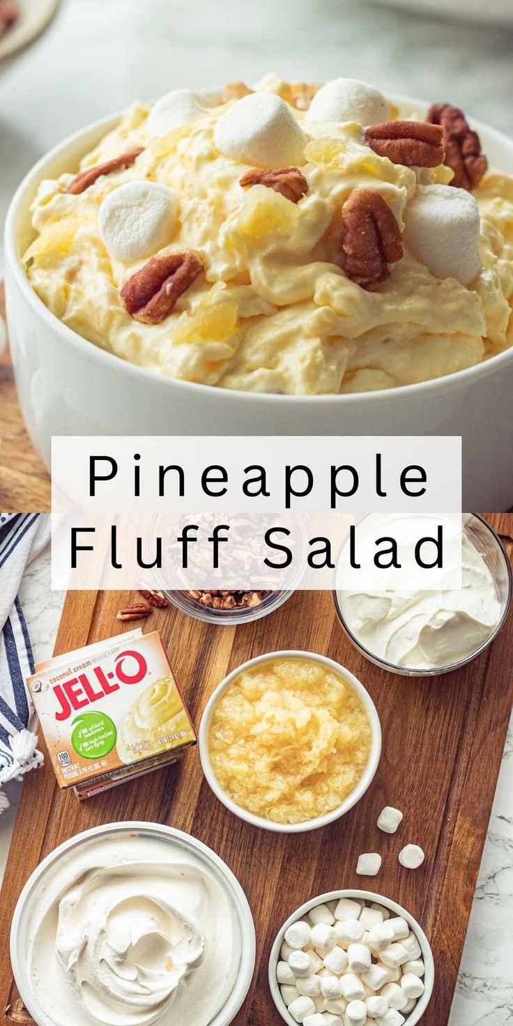 pineapple fluff salad with marshmallows and pecans in the background