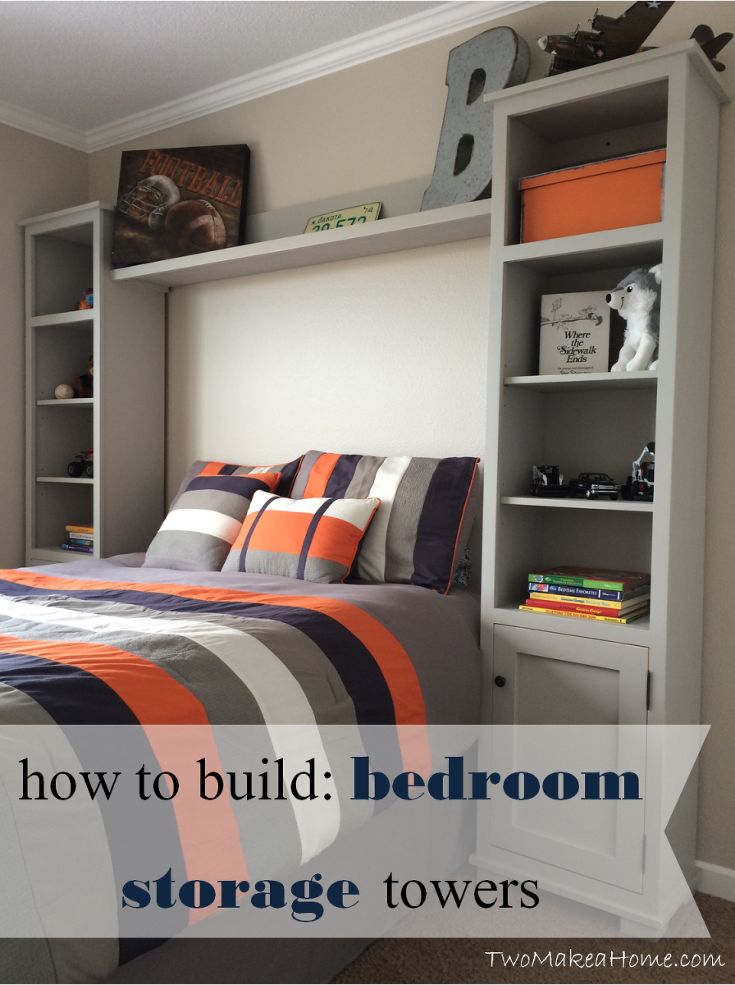 a bed room with a neatly made bed and shelves