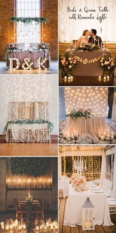 wedding decorations and table settings in different styles, with candles on the tables to light up the room