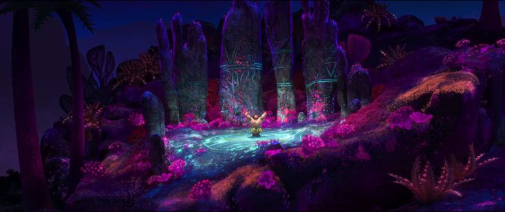 a scene from the animated movie tangled with neon lights and cactus like vegetation, including trees