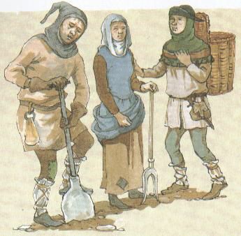 three people standing next to each other in medieval clothing