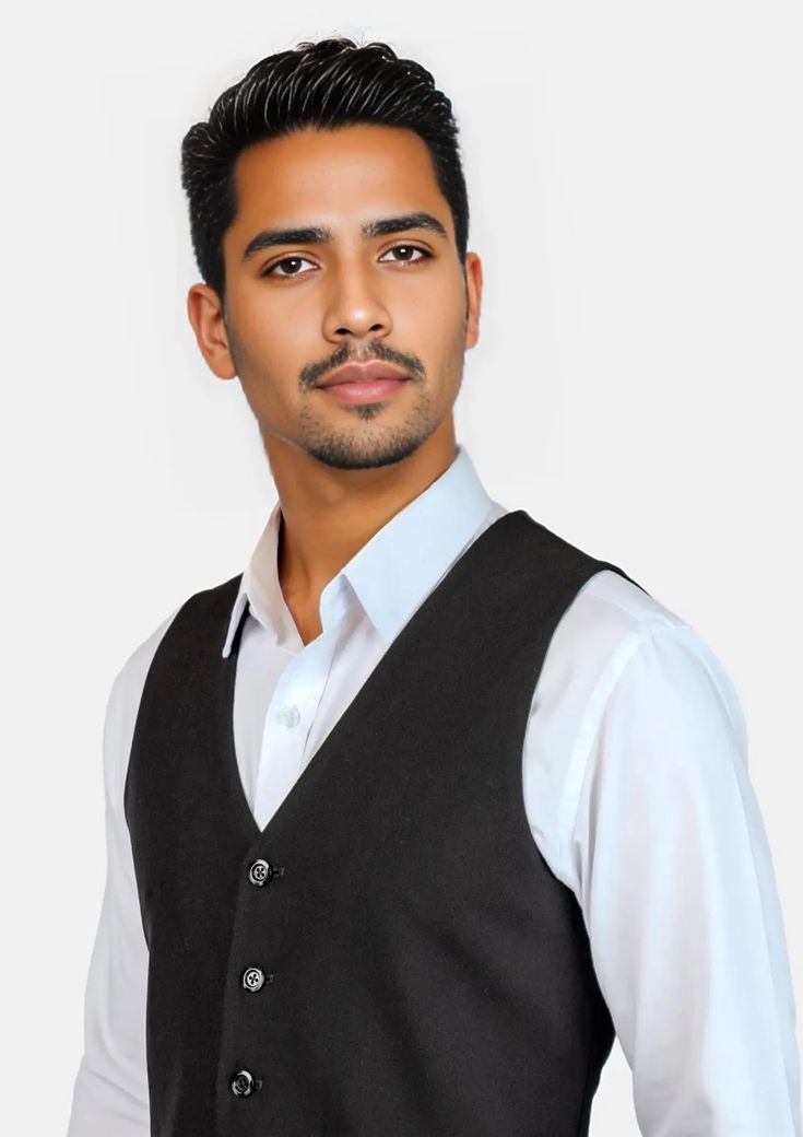 This Midnight Black Vest is designed with stretch cotton for comfort in classic black that is timeless in style. Level up your two piece black stretch suit with this custom made vest for a three piece look that is sure to impress. Fitted Black Cotton Blazer, Black Fitted Vest For Semi-formal Occasions, Elegant Black Cotton Blazer, Fitted Black Suit With Vest, Classic Black Vest For Business, Black Suits With Vest For Formal Occasions, Black Tailored Sleeveless Suit, Black Sleeveless Suit With Vest, Elegant Black Slim Fit Vest