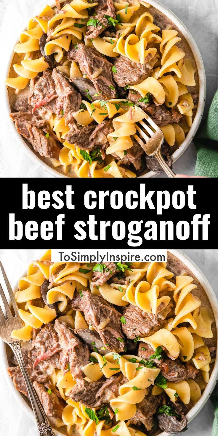 two bowls filled with beef crockpot and pasta