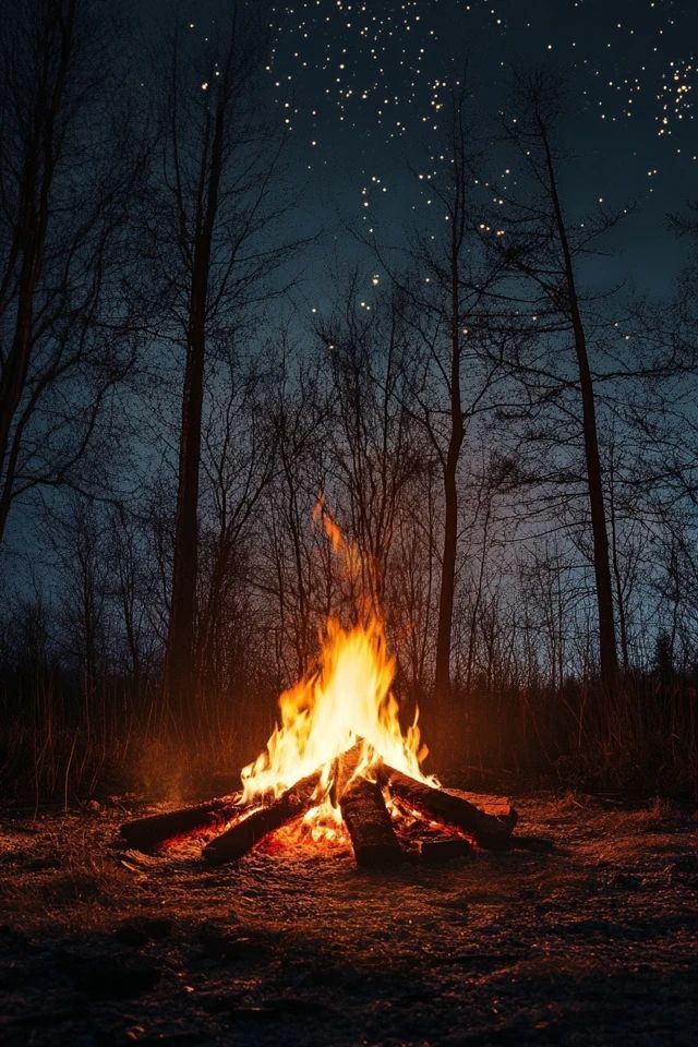 a campfire in the middle of a forest at night with bright stars above it