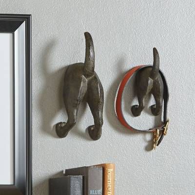 there are two dog hooks on the wall next to books and a framed photograph in front of them