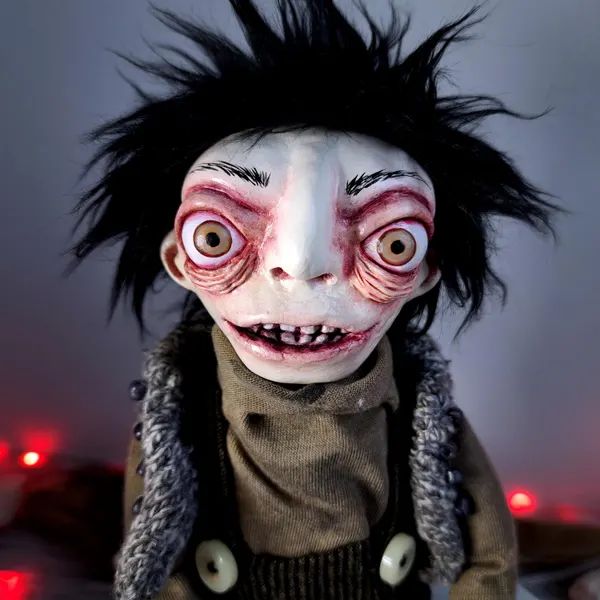 a creepy doll with black hair and eyes