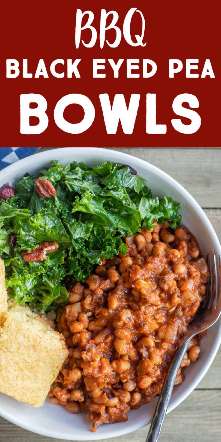 this bbq black eyed pea bowl is full of beans, lettuce and cornbreads