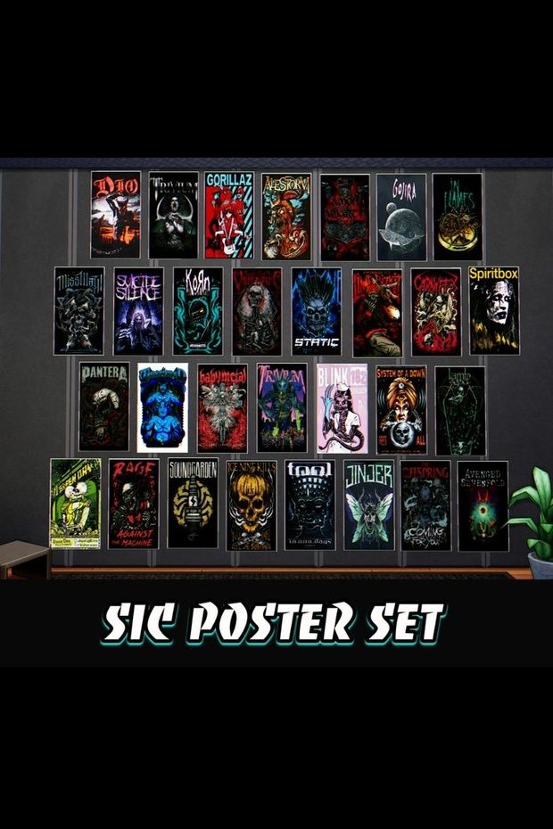 the poster set is displayed in front of a black wall with various posters on it