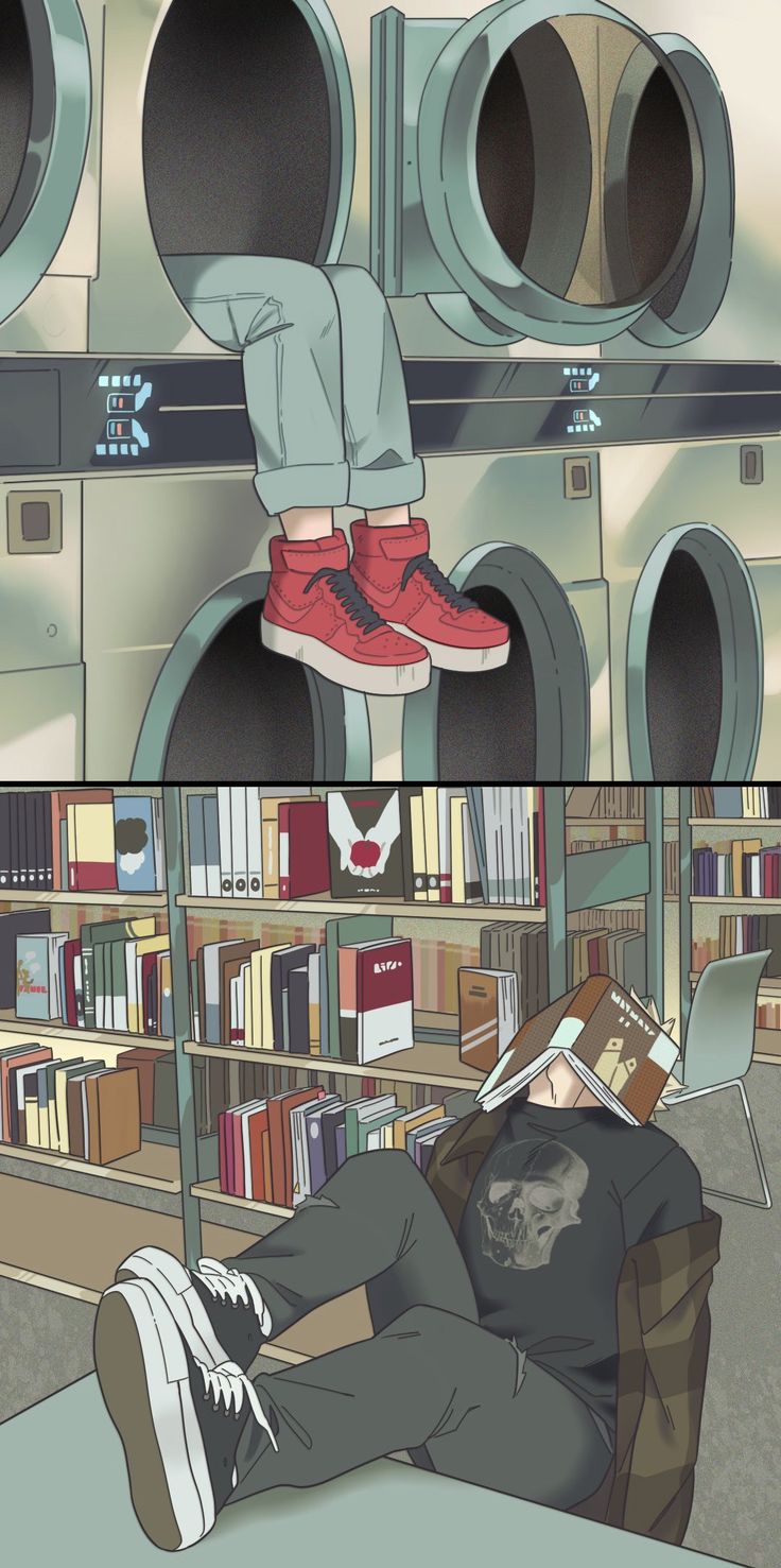 a man sitting on top of a chair next to a book shelf filled with books