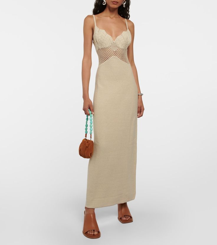 Knitted cotton-blend maxi dress in beige - Staud | Mytheresa Elegant Maxi Dress With Crochet Trim, Chic Spring Maxi Dress With Crochet Trim, Chic Lace Maxi Dress With Crochet Trim, Chic Maxi Dress With Crochet Trim, Spring Maxi Dress With Crochet Trim, Elegant Sleeveless Maxi Dress With Crochet Trim, Elegant Fitted Maxi Dress With Crochet Trim, Chic Fitted Maxi Dress With Crochet Trim, Fitted Chic Maxi Dress With Crochet Trim