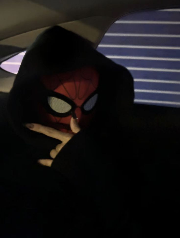 a person in a car wearing a spider man mask