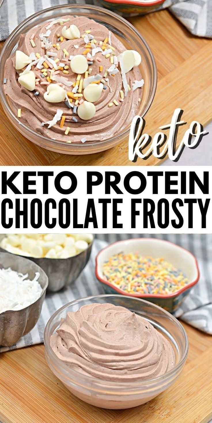 keto chocolate frosting recipe with ingredients in bowls on a cutting board and the words keto protein chocolate frosting