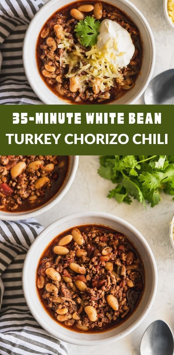 three white bowls filled with turkey chili and beans