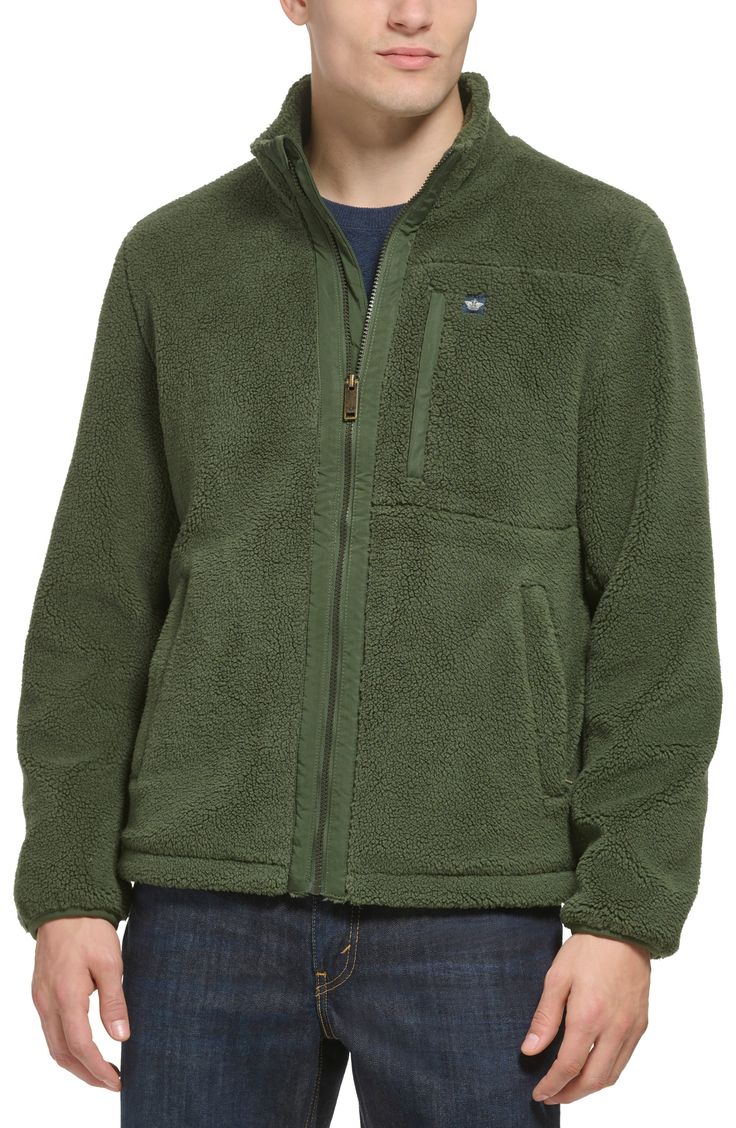 Layer your look with a softshell jacket made from luxe faux shearling that's outfitted with two zip-secured pockets and a hand-warming chest pocket. 27 1/2" length (size Medium) Front zip closure Stand collar 2 front zip pockets, 1 chest pocket 100% polyester faux shearling Machine wash, tumble dry Imported Green Fleece Outerwear With Pockets, Cold Weather Half-zip Fleece Jacket With Pockets, Half-zip Fleece Jacket With Pockets, Cheap Men's Fleece-lined Outerwear, Green Fleece-lined Outdoor Outerwear, Softshell Jacket, Soft Shell Jacket, Stand Collar, Chest Pocket