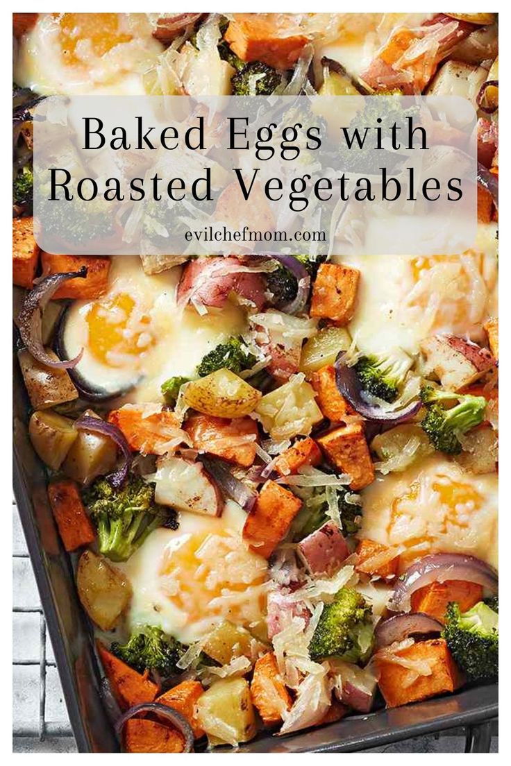 baked eggs with roasted vegetables in a casserole dish