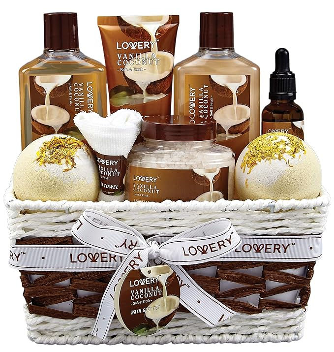 Bath and Body Gift Basket For Women and Men – 9 Piece Set of Vanilla Coconut Home Spa Set, Includes Fragrant Lotions, Extra Large Bath Bombs, Coconut Oil, Luxurious Bath Towel & More Home Spa Set, Gift Basket For Women, Spa Basket, Coconut Bath, Gift Baskets For Women, Bath Gift Set, Spa Gift Basket, Large Bath, Spa Set