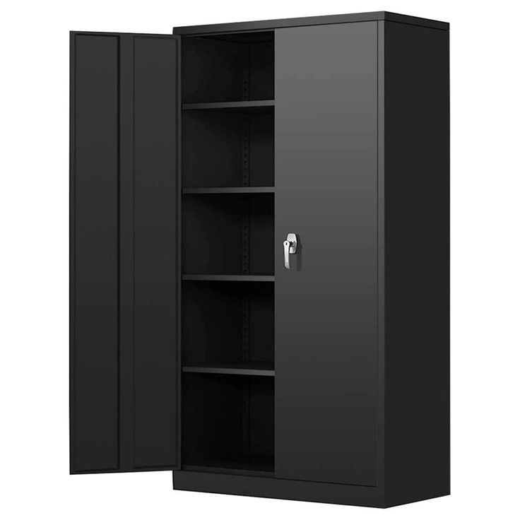 a tall black cabinet with two doors open