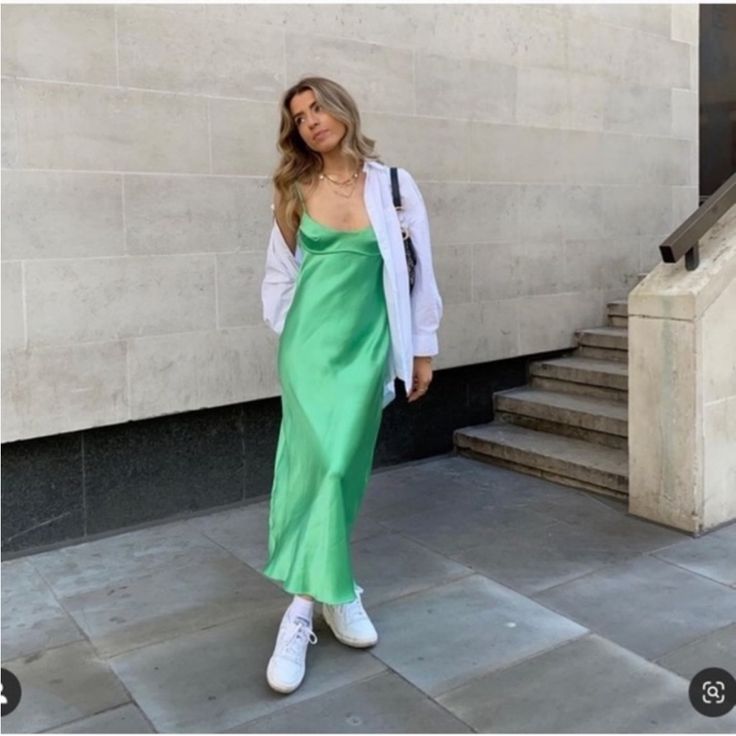 Questions? Leave A Comment Below! Satin Dress Outfit Casual, Satin Dress Casual, Zara Satin Dress, Silk Dresses Outfit, Tik Tok Famous, Slip Dress Outfit, Green Slip Dress, Green Satin Dress, Green Silk Dresses