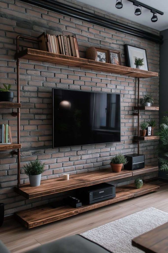 a living room with a brick wall and wooden shelves on the side, along with a flat screen tv