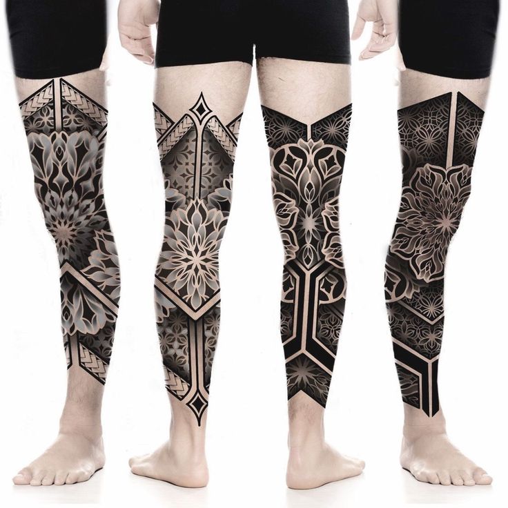 three men's legs with tattoos on them, one is black and the other has white