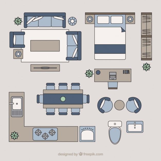 an overhead view of a living room with furniture and decor items in blue and beige colors