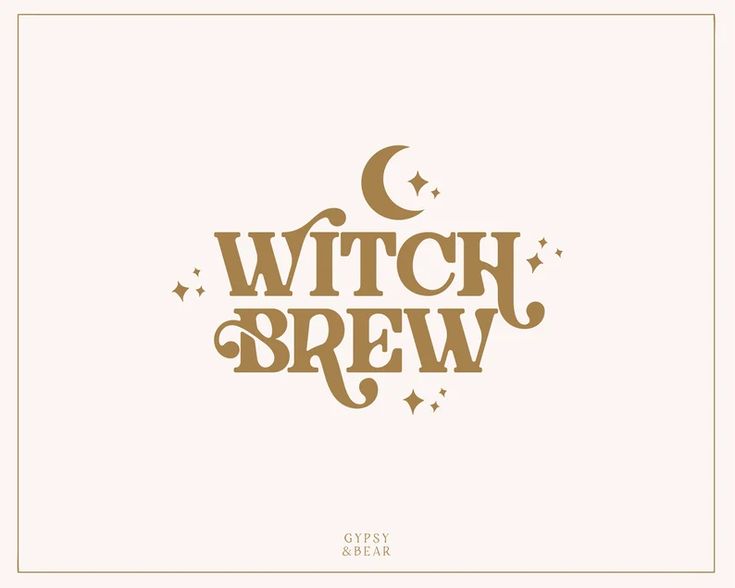 the words witch brew written in gold foil on a white background with stars and crescents