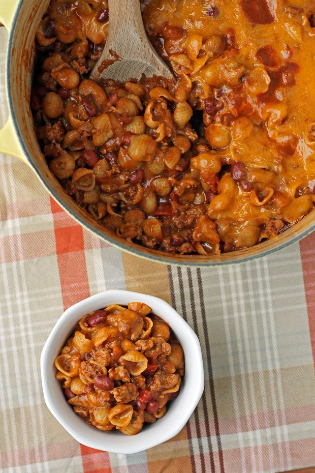 a pot full of chili macaroni and cheese