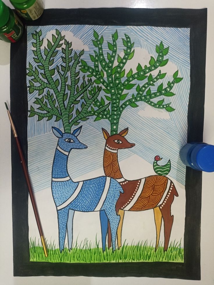 two deer standing next to each other under a tree