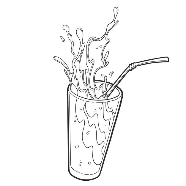 a drawing of a drink with a straw in it's glass and splashing liquid