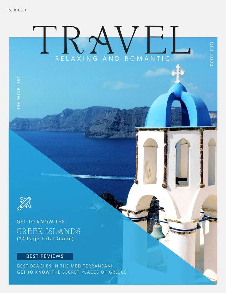 the front cover of travel magazine with blue domes and white buildings on it's side