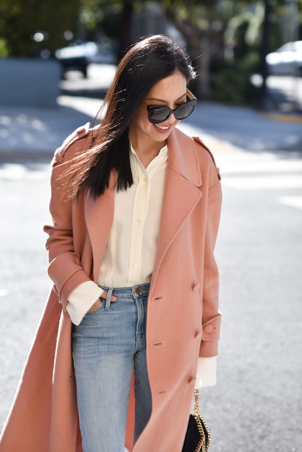 Loving the exaggerated sleeves on this blouse. I keep my eye out for blouses during sale season because I can get higher quality for less (and this one is currently $90 marked down from $360!). It’s a no brainer. Found a few more great blouses on sale below! *** Coat – Tibi (more pink coats here, here, … Cold Spring Outfit, Comfy Spring Outfits, Peach Jacket, Peach Clothes, Girls Spring Outfits, Polished Casual, Color Combos Outfit, Cute Spring Outfits, Golf Outfits Women