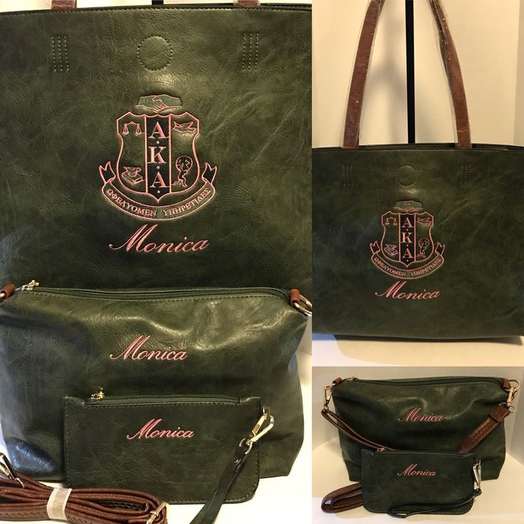 three different views of a green leather handbag with the name maniana on it