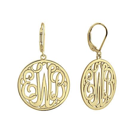 Elegant script lettering on these monogram earrings gives your style an extra personal touch. Initials will appear exactly as entered. Must be three letters, center initial will be enlarged. Made in America.Metal: 14K gold over sterling silverBack: LeverbackDimensions: 25mm longPersonalize: Initials will appear exactly as entered. Must be three letters, center initial will be enlarged. Care: Wipe CleanCountry of Origin:USJewelry photos are enlarged to show detail.Disclaimer: Metal may be rhodium Gold Sterling Silver Earrings With Initials, Elegant Gold Earrings With Initials, Elegant Sterling Silver Initial Earrings, 14k Yellow Gold Earrings With Initials, Gold Earrings With Initials In 14k Gold, Classic Personalized 14k Gold Earrings, Elegant Personalized Earrings, Anniversary Earrings With Initials, Elegant Monogram Earrings As Gift