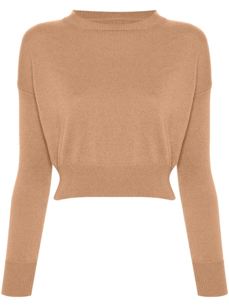 light brown cashmere knitted construction embroidered logo to the rear ribbed trim crew neck drop shoulder long sleeves straight hem cropped Cashmere Color, Latest Sweater, Cashmere Jumper, City Dress, Summer Beach Wear, Cropped Sweater, Knitwear Women, Black Sweaters, Jacket Tops