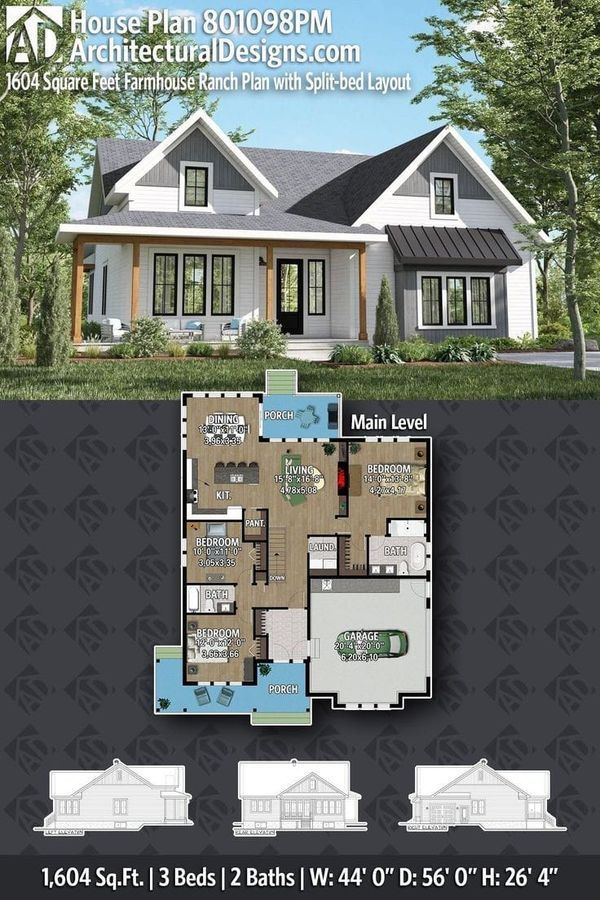 two story house plan with 3 bedroom and 2 bathrooms in the front, an open floor plan