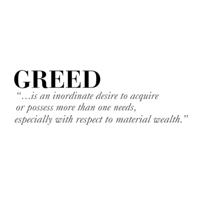 the words greed are written in black and white